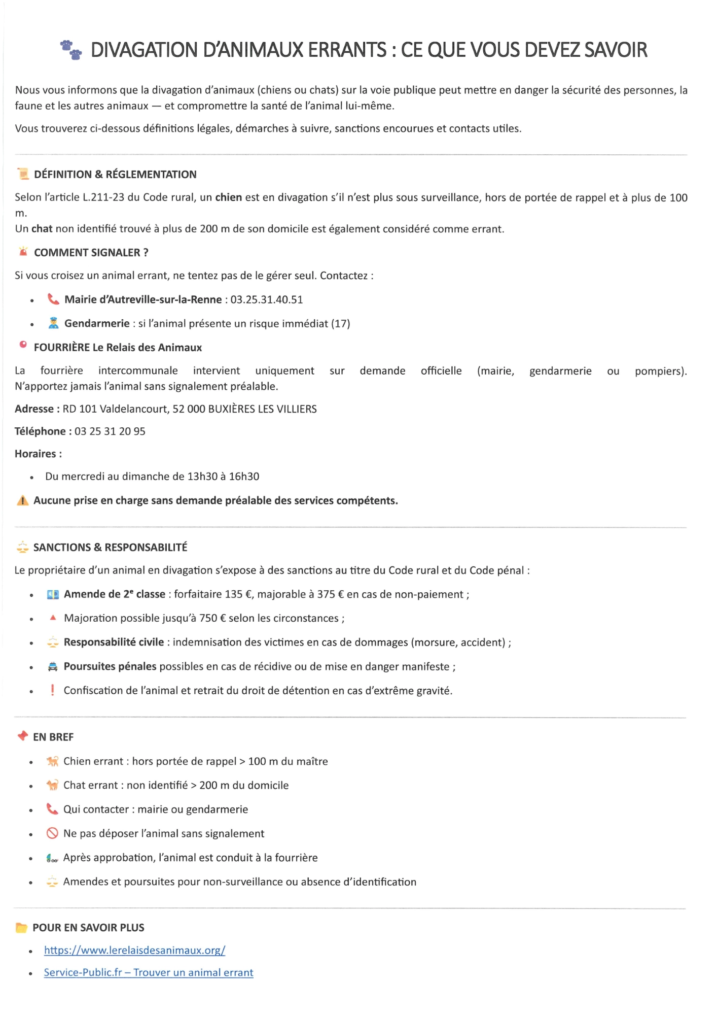 Information sur la divagation des animaux errants